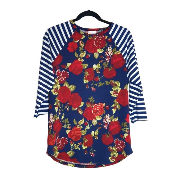 LuLaRoe Randy M Women Floral Rose Striped Raglan Sleeve Top Blouse Casual Blue - Picture 8 of 8